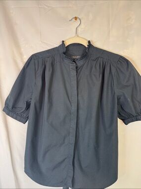 rag & bone Black Ruffled Mock Collar Short Sleeve Top